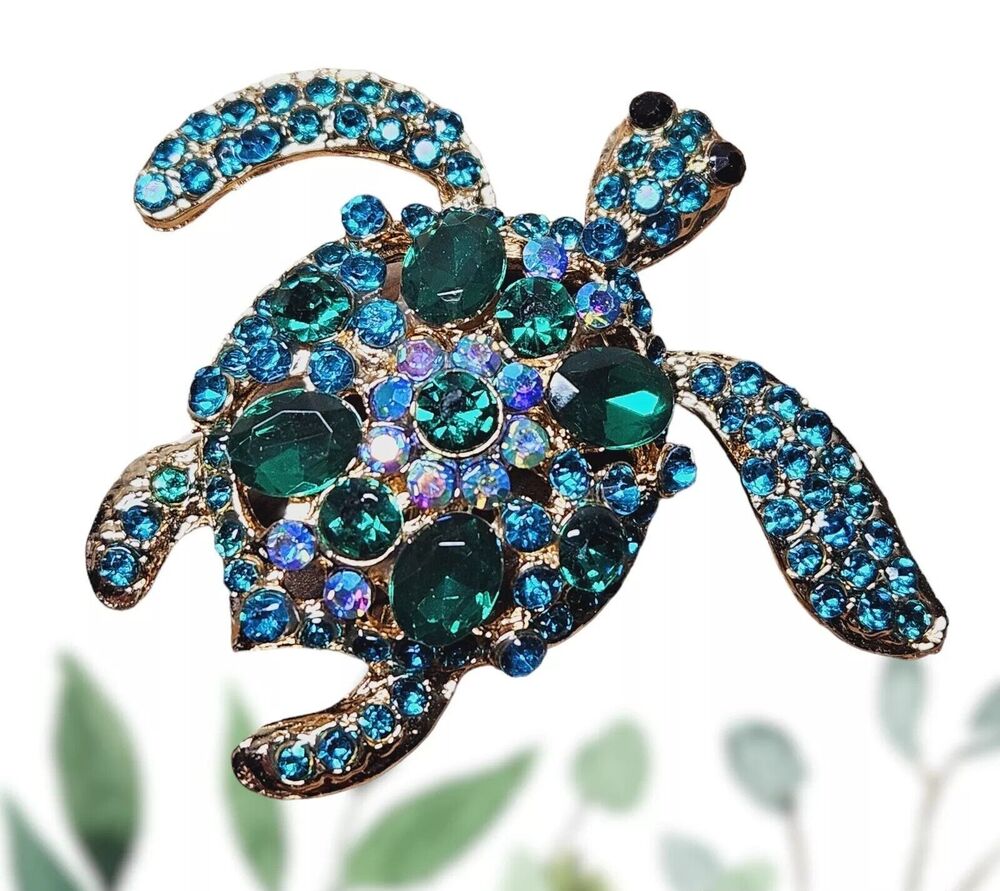 Ocean Sea Turtle Brooch Aurora Borealis Green & Blue Rhinestones Tortoise Pin